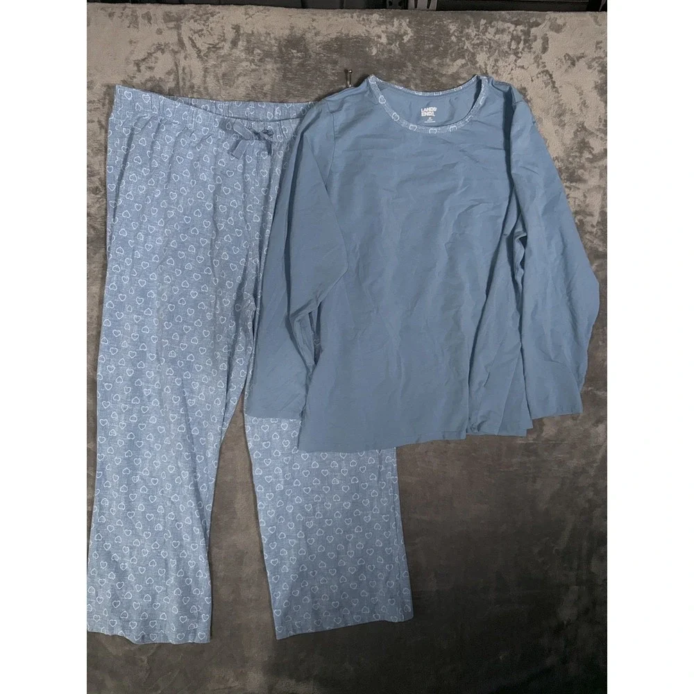 Lands End Womens Pajama Set 2X 20W 22W Blue Hearts Long Sleeve Cotton Spandex